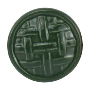 Retro dark green ceramic cabinet knob with woven pattern for furniture drawer and door.