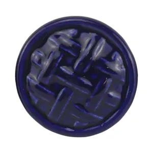Round blue ceramic drawer knob with woven texture for retro cabinet and furniture doors.