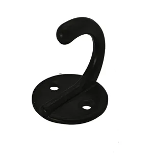 Detailed view of a matte black zinc alloy wall-mounted single clothes hook accessory