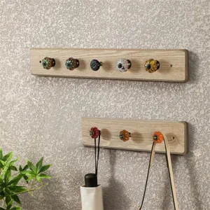 Crochet Mural en Bois Nordique avec Bouton en Céramique Porte-Clés pour Entrée Chambre Salle de Bains
