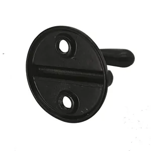 Detail view of the black zinc alloy round base coat hook showing mounting screw holes