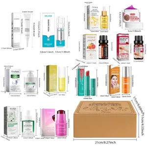 Cosmetic skincare gift box set and skincare product size dimension detail infographic.