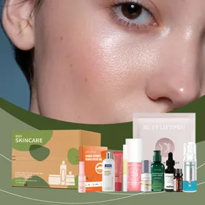 Detailed view of nourishing skincare gift set with multiple serums, lotions, and beauty balms.