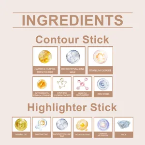 Ingredient list for 2-in-1 contour and highlighter stick with macro icons and names.