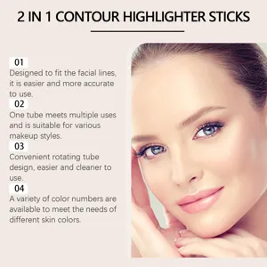 Detailed view of 2 in 1 contour highlighter sticks with features listed for facial makeup