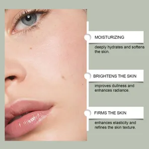 Skincare detail image showcasing deep moisturizing, skin brightening, and firming effects.