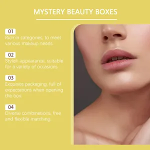 Marketingkenmerken van de mystery beauty box met close-up van stralend huidmodel van dichtbij