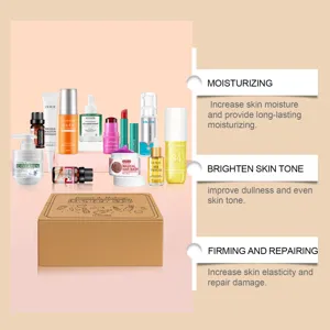 Mystery makeup gift box set with various moisturizing and brightening skincare products.