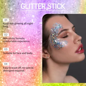 Glitterstick gezicht en lichaam gedetailleerd overzicht met glanzende cosmetische toepassing.
