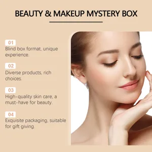 Close-up view of beauty mystery box skincare presentation with model face and features.