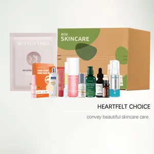 Detailed view of portable skincare gift set containing various nourishing serums and face lotions.