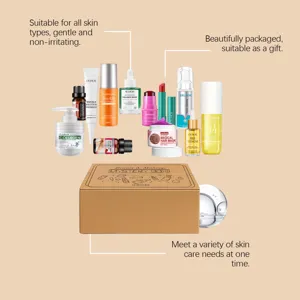 Skincare mystery box set with hydrating lotions, serums and hair masks for glowing skin.