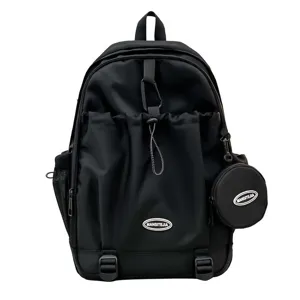 Sac à dos noir de grande capacité pour étudiants avec une mini pochette ronde incluse