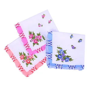 Elegant set of three white cotton floral handkerchiefs with colorful scalloped crescent edges