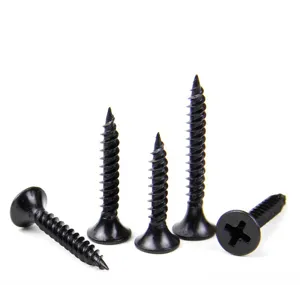 Close-up of black countersunk Phillips head self-tapping screws on white background
