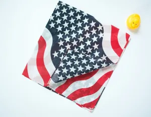Close-up view of a premium cotton American flag bandana with sharp stars and stripes print