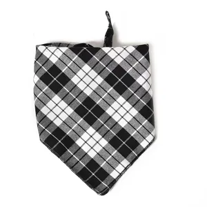 Black and white plaid pet bandana for dogs and cats, soft cotton triangle scarf accessory.