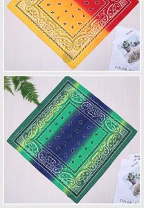 Detalle de bandanas de algodón con patrones paisley y transiciones de colores degradados