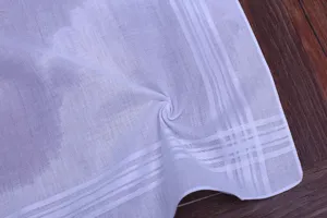 Pure white cotton handkerchief with woven stripes border, soft tea cloth daily pocket square.