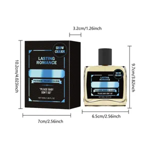 Detailed dimension view of the 50ml men's pheromone cologne bottle and packaging box.