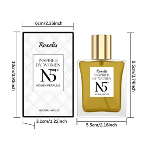 Detail view of 50ml women perfume bottle and packaging box with clear dimension markers.