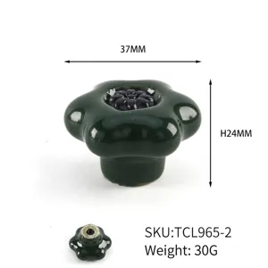 Detailed technical view of dark green flower ceramic knob showing 37mm diameter and weight