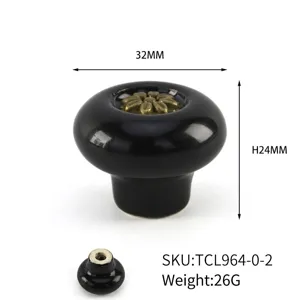 Detail of black ceramic flower cabinet knob showing 32mm width and 24mm height