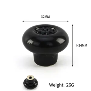 Black ceramic floral cabinet knob with 32mm diameter and 24mm height details