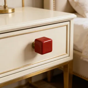 Modern red cube ceramic cabinet knob with gold metal base on drawer