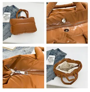 Detailed views of brown puffy space cotton tote bag with zipper and snap