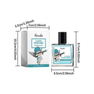 Dimensiones detalladas del frasco de perfume Roxelis Cupid 50ml y su caja