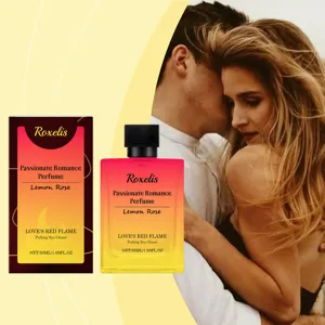 Lemon rose romantic perfume detail shot, featuring 50ml bottle, box and romantic backdrop.