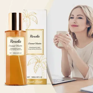 Dettaglio bottiglia spray corpo vaniglia cocco, 100ml fragranza rinfrescante quotidiana.