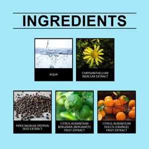 Ingredientes naturales para perfume en spray incluyendo agua y extractos cítricos