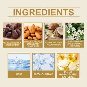 Infografica dettagliata ingredienti profumo corpo con oli naturali di vaniglia mandorla cocco.