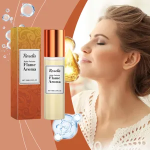 Roxelis Flame Aroma roller perfume 10ml with elegant model and golden oil essence