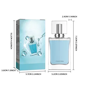 50ml transparent glass perfume bottle with blue liquid and packaging box size specs details