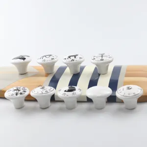 Variety pack of white ceramic drawer knobs with cute animal and vintage clock motifs