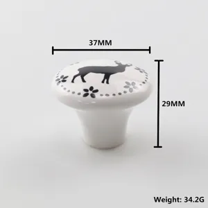 Cute ceramic drawer knob featuring a black deer and floral pattern 37mm diameter