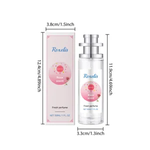 Detail view of Roxelis 30ml rose scent perfume bottle and packaging box with dimension indicators.