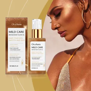 Detailed view of OceAura bronze body glow oil bottle and shimmer effect on skin