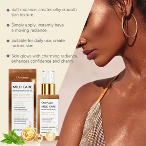 Detail of OceAura bronze body glow oil showing shimmering skin texture and hydration