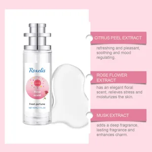 Roxelis 30ml rose scented perfume detail view, featuring natural citrus and musk floral notes.