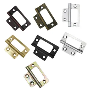 Detail view of various metal cabinet hinges displaying different color finishes and mounting holes.