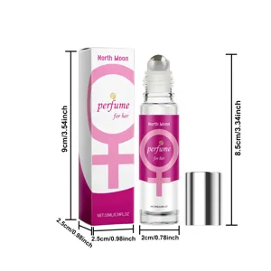Details der 10ml Roll-on Parfümflasche und Verpackung mit präzisen Maßangaben für Käufer.