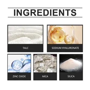 Vista dettagliata degli ingredienti della polvere fissante come talco e silice opacizzante.