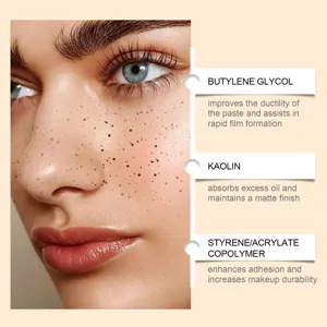 Close-up of natural faux freckle effect on skin with ingredient details for makeup pen.