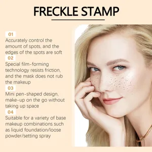Detail view showing natural faux freckle makeup effect applied using a stamp pen