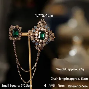 Spilla a Nappina con Pietra Smeraldo Vintage Oro Antico Ape Strass Perla Artificiale Catena Pin per Abito Cappotto Donna Gioielli