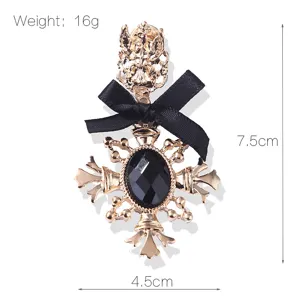 Elegant vintage black ribbon bow brooch with cross pendant and black gemstone, 7.5cm size